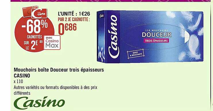 mouchoirs boîte douceur trois épaisseurs casino