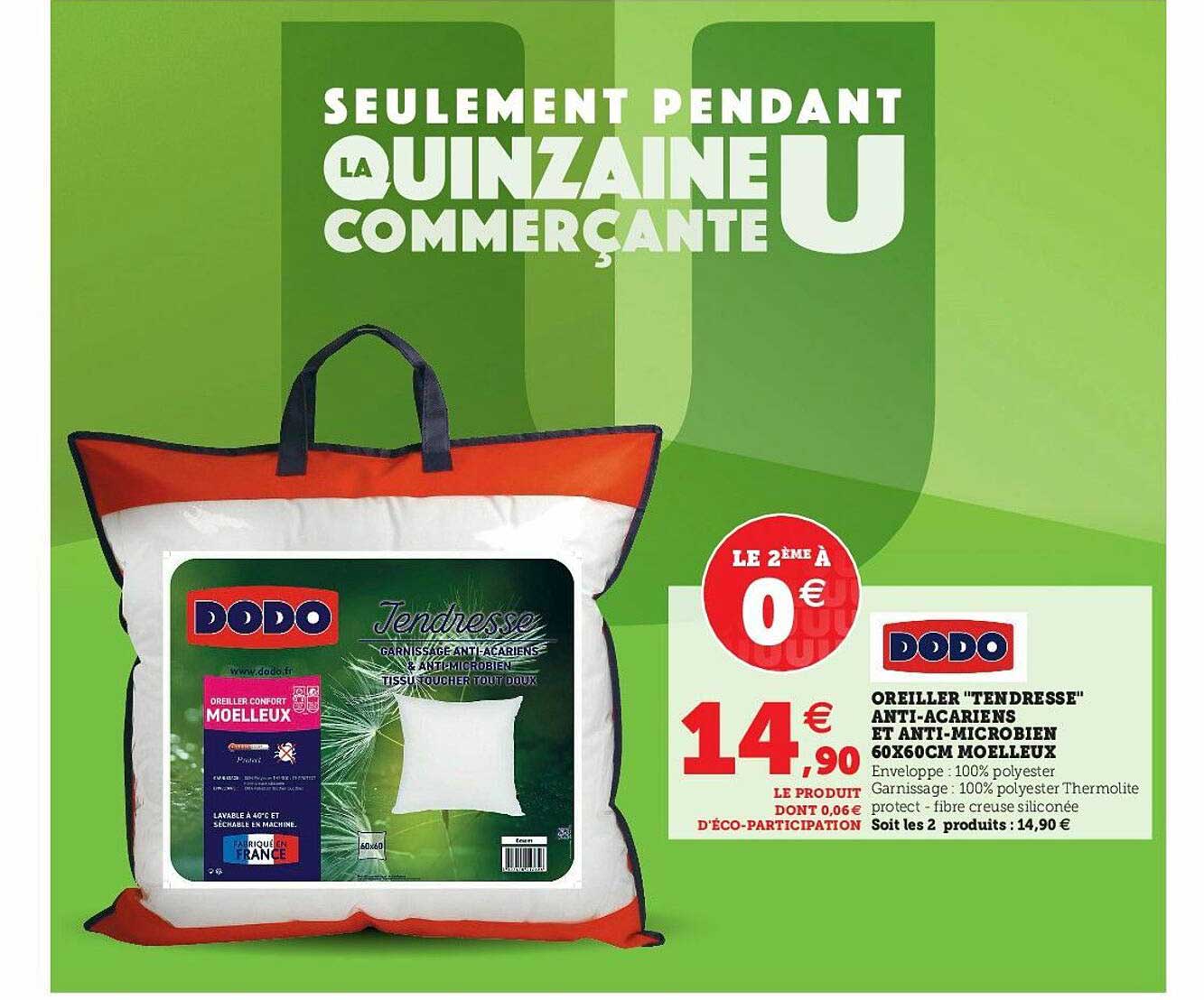 oreiller "tendresse" anti-acariens et anti-microbien 60 x 60 cm moelleux dodo