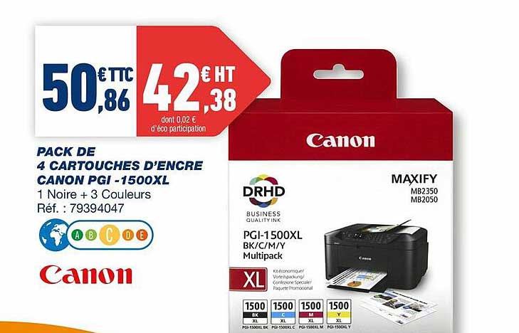 pack de 4 cartouches d'encre canon pgi - 1500xl