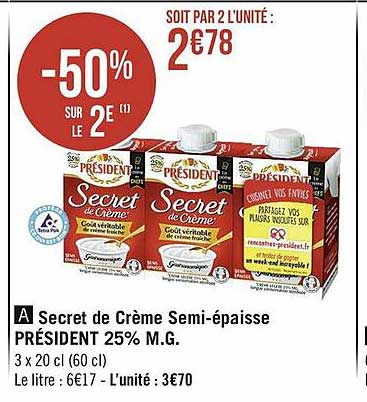 secret de crème semi-épaisse président 25% m.g.