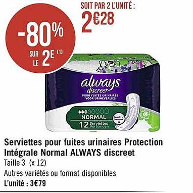 serviettes pour fuites urinaires protection intégrale normal always discreet