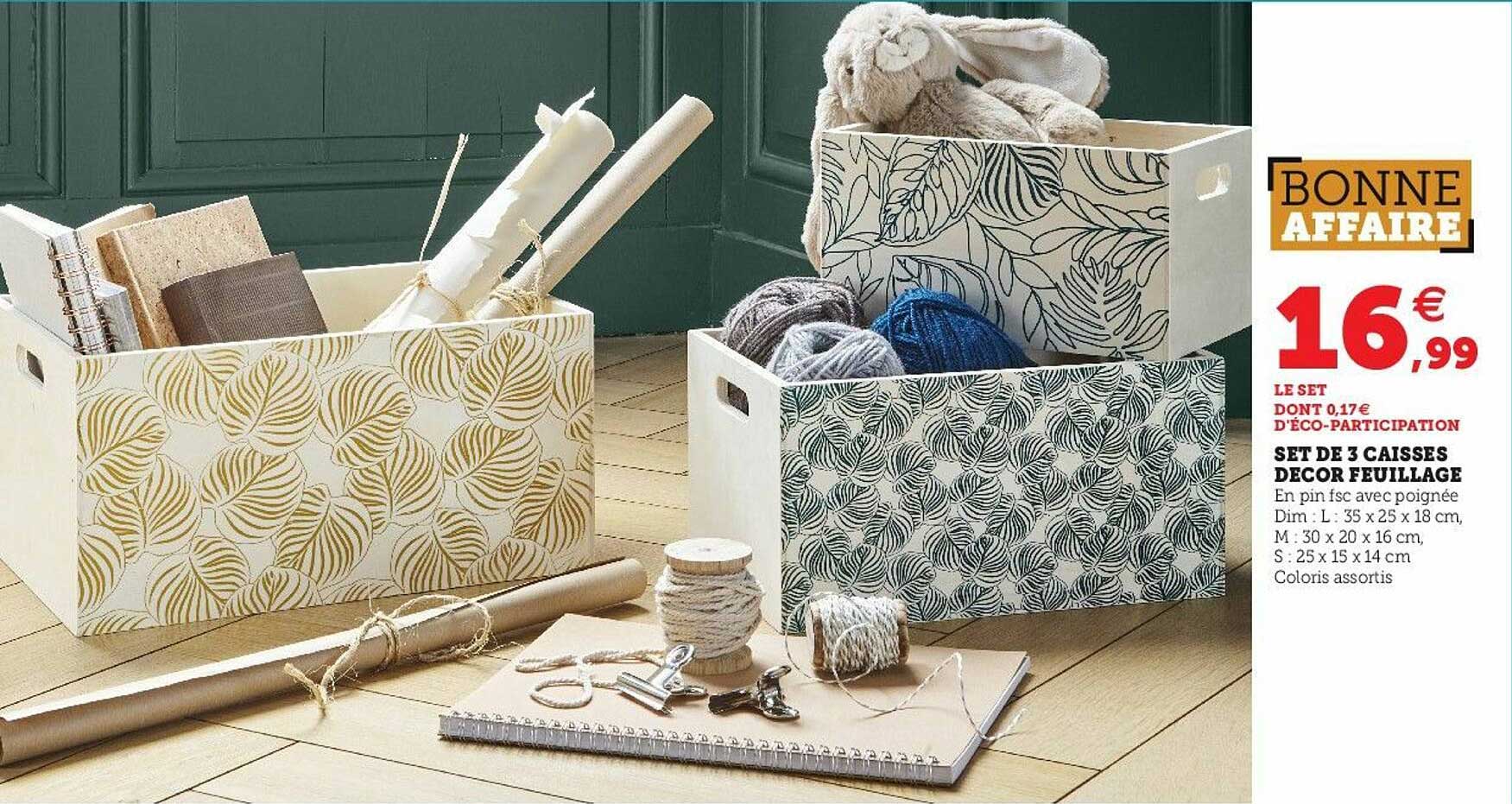 set de 3 caisses décor feuillage