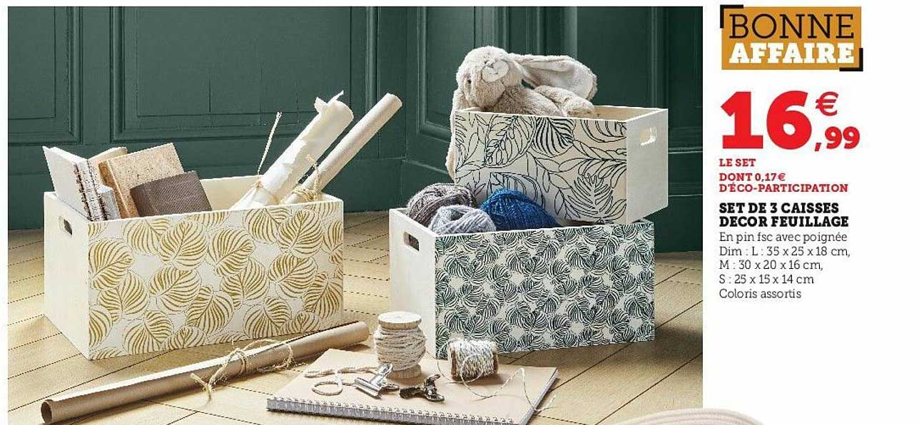 set de 3 caisses décor feuillage