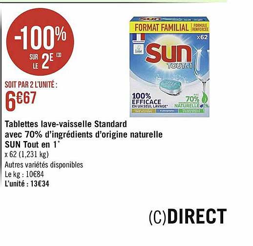 Tablettes Lave-vaisselle Standard Avec 70% D'ingrédients D'origine Naturelle Sun Tout En 1