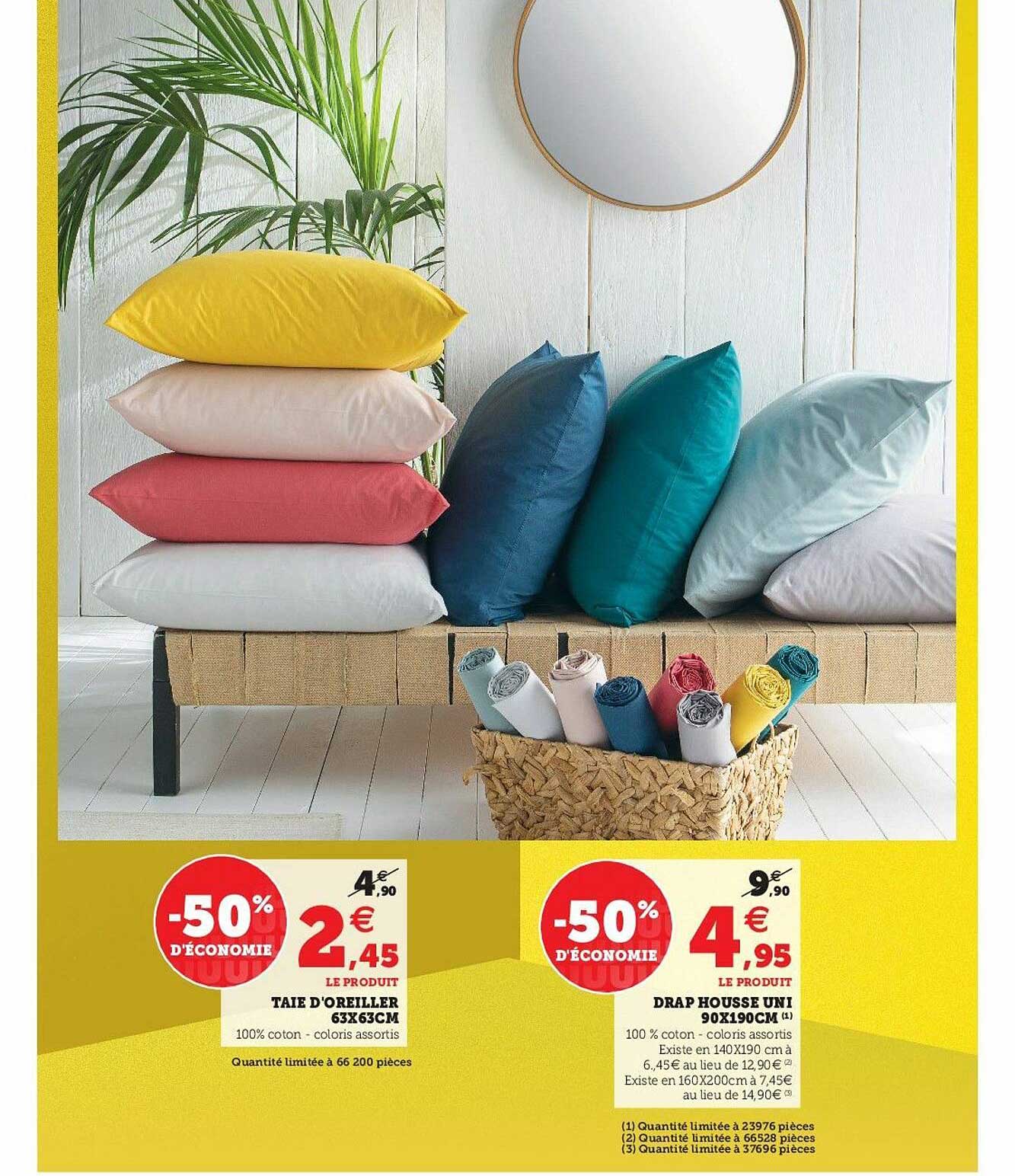 taie d'oreiller 61 x 63 cm, drap housse uni 90 x 190 cm