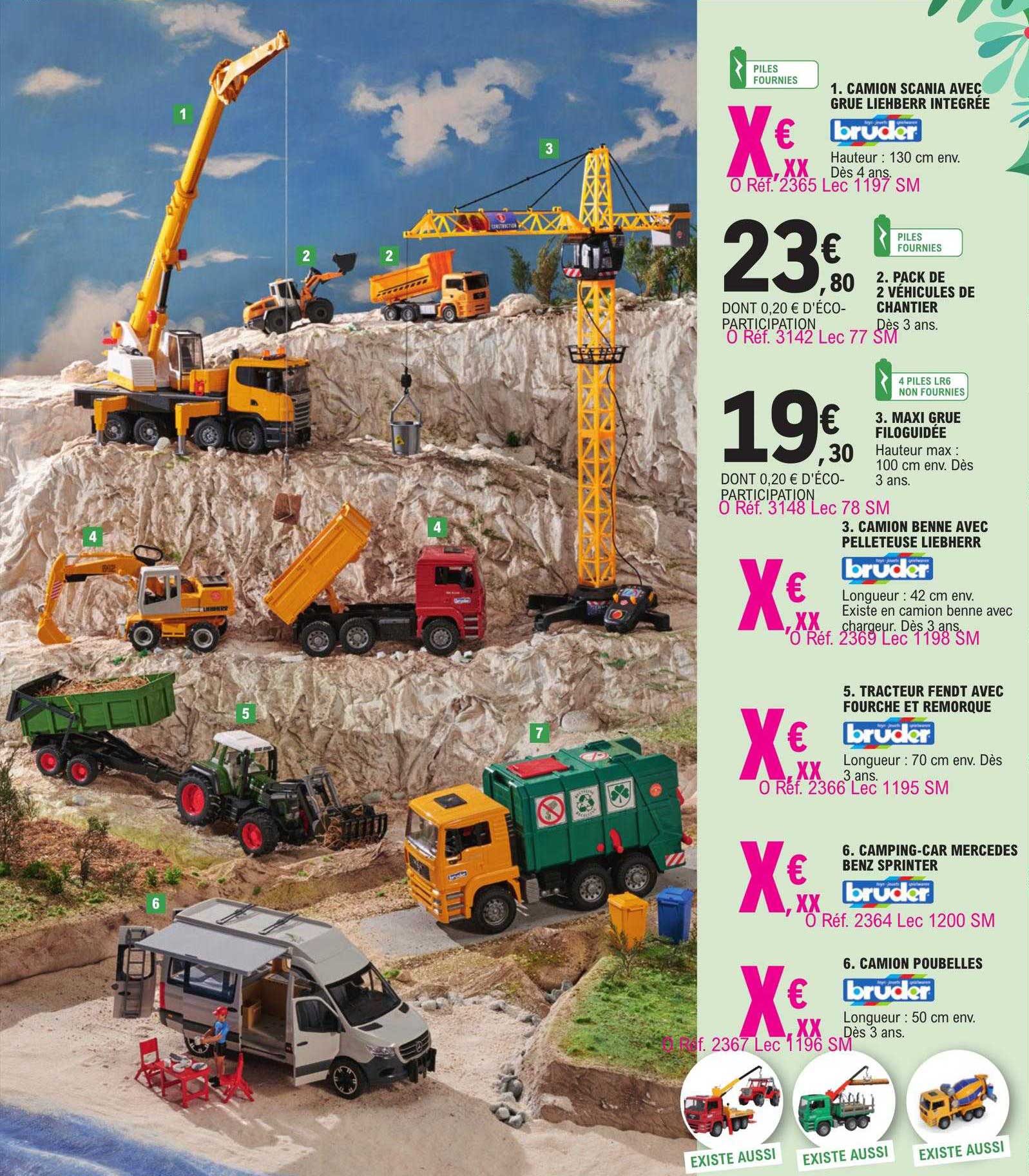 camion scania avec grue liehberr intégrée bruder, pack de 2 véhicules de chantier, maxi grue filoguidée, camion benne avec pelleteuse liebherr, tracteur fendt avec fourche et remorque, camping-car