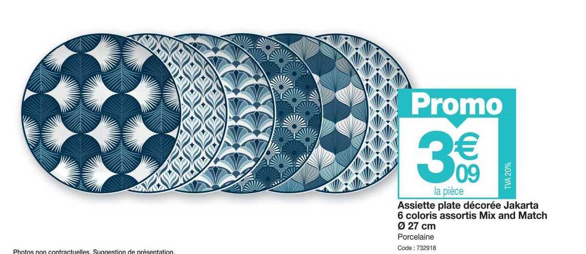 assiette plate décorée jakarta 6 coloris assortis mix and match ø 27 cm
