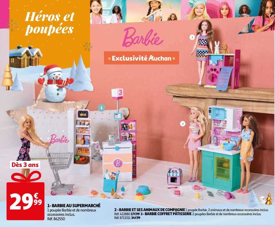 barbie au supermarché, barbie et ses animaux de compagnie, barbie coffret pâtisserie