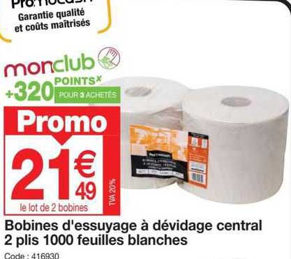 bobines d'essuyage à dévidage central 2 plis 1000 feuilles blanches