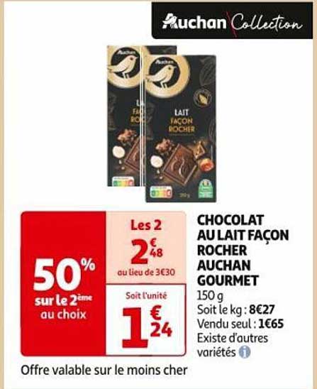 chocolat au lait façon rocher auchan gourmet 50% sur le 2ème au choix