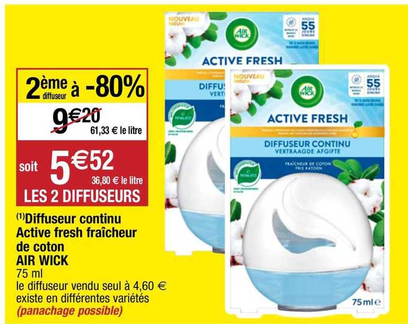 diffuseur continu active fresh fraîcheur de coton air wick