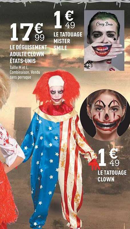 le déguisement adulte clown état-unis, le tatouage mister smile, le tatouage clown