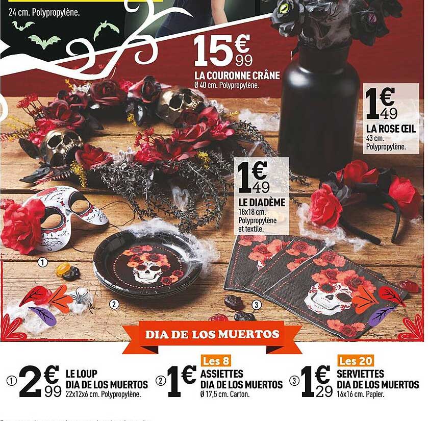 le loup dia de los muertos, assiettes dia de los muertos, serviettes dia de los muertos, le diadème, la couronne crâne, la rose œil