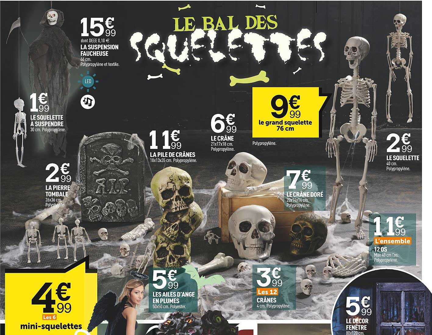 le squelette à suspendre, la pierre tombale, la suspension faucheuse, la pile de cranes, les ailes d'ange en plumes, crânes, le crâne doré, 12 os, le décor fenêtre