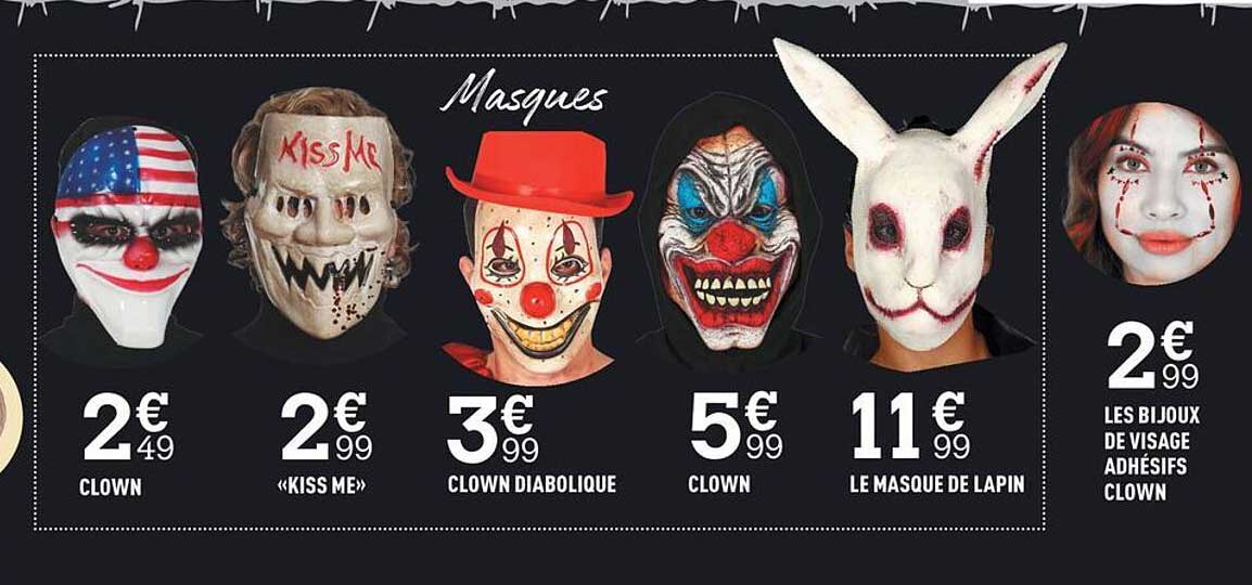 masques clown, «kiss me», clown diabolique, clown, le masque de lapin, les bijoux de visage adhésifs clown
