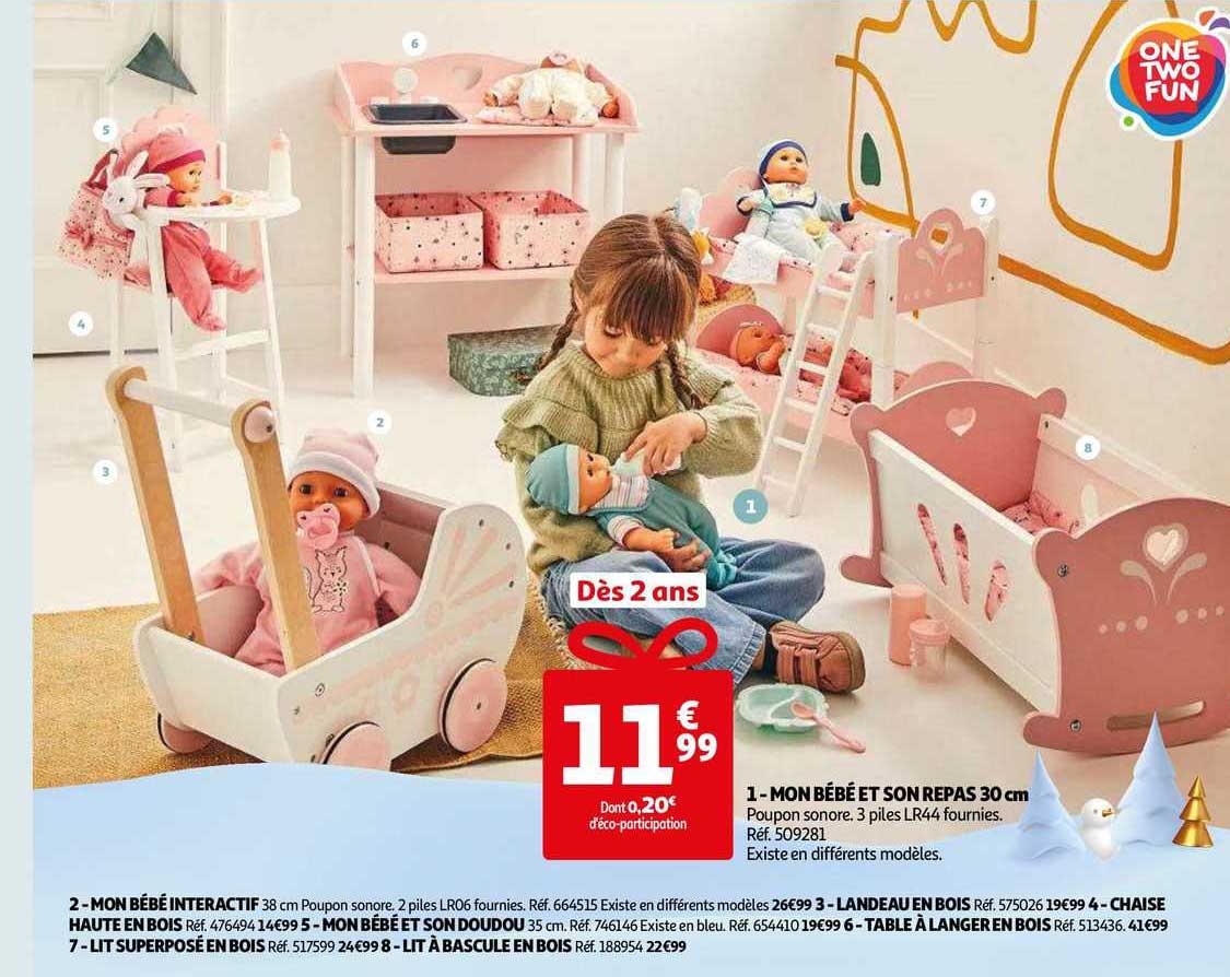 mon bébé interactif, landeau en bois, chaise haute en bois, mon bébé et son doudou, table à langer en bois, lit superposé en bois, lit à bascule en bois, mon bébé et son repas 30 cm