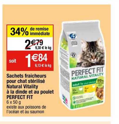 sachets fraîcheurs pour chat stérilisé natural vitality à la dinde et au poulet perfect fit