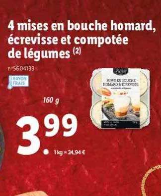 4 mises en bouche homard, écrevisse et compotée de légumes deluxe