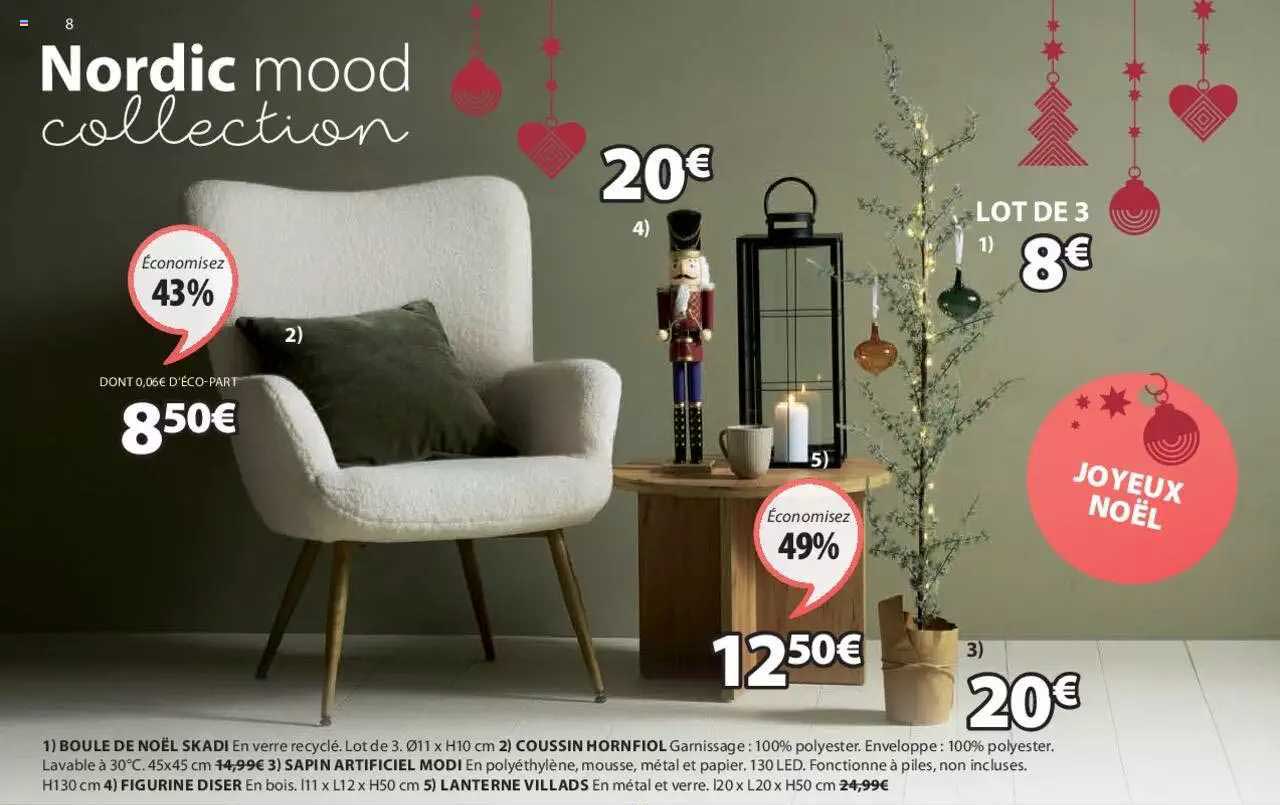 boule de noël skadi, coussin hornfiol, sapin artificiel modi, figurine diser, lanterne villard