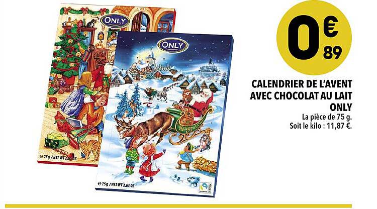 calendrier de l'avent avec chocolat au lait only