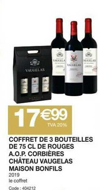 coffret de 3 bouteilles de 75 cl de rouges a.o.p. corbières château vaugelas maison bonfils