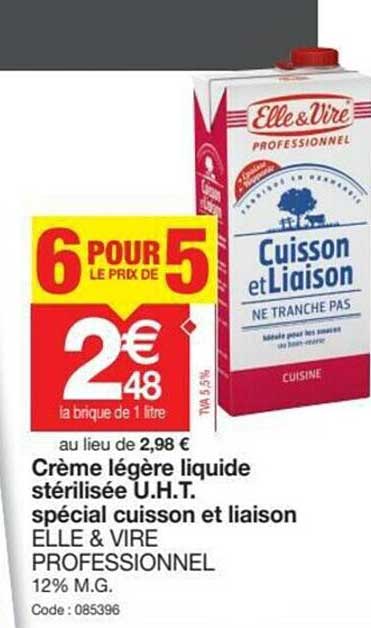 crème légère liquide stérilisée u.h.t. spécial cuisson et liaison elle & vire professionnel