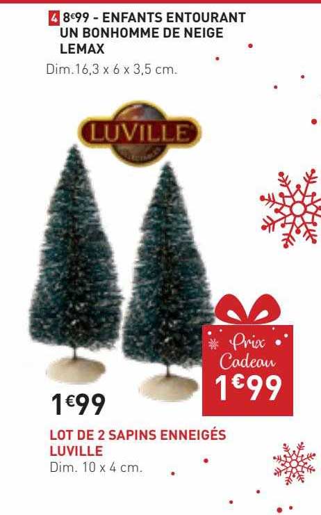 enfants entourant un bonhomme de neige lemax, lot de 2 sapins enneigés luville