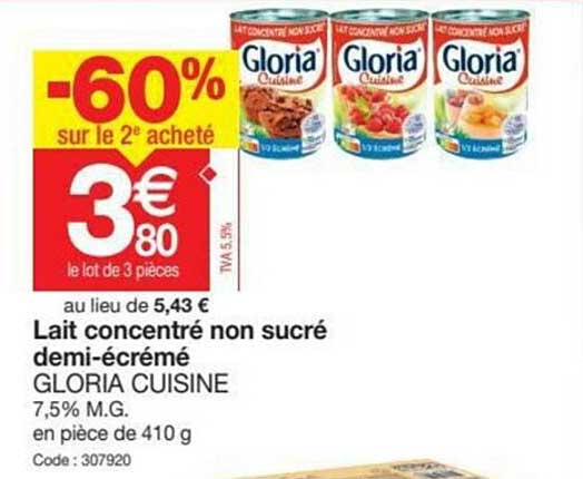 lait concentré non sucré demi-écrémé gloria cuisine