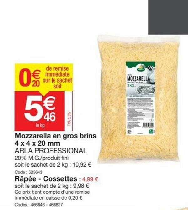 mozzarella en gros brins 4 x 4 x 20 mm arla professional