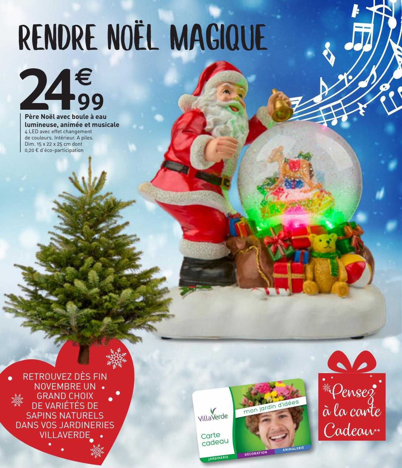 père noël avec boule à eau lumineuse, animée et musicale