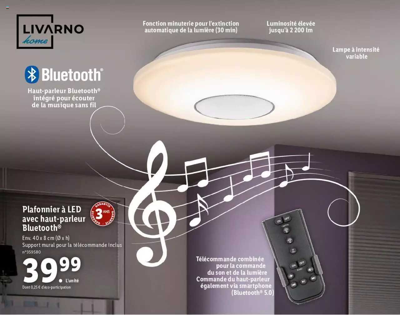 plafonnier à led avec haut-parleur bluetooth
