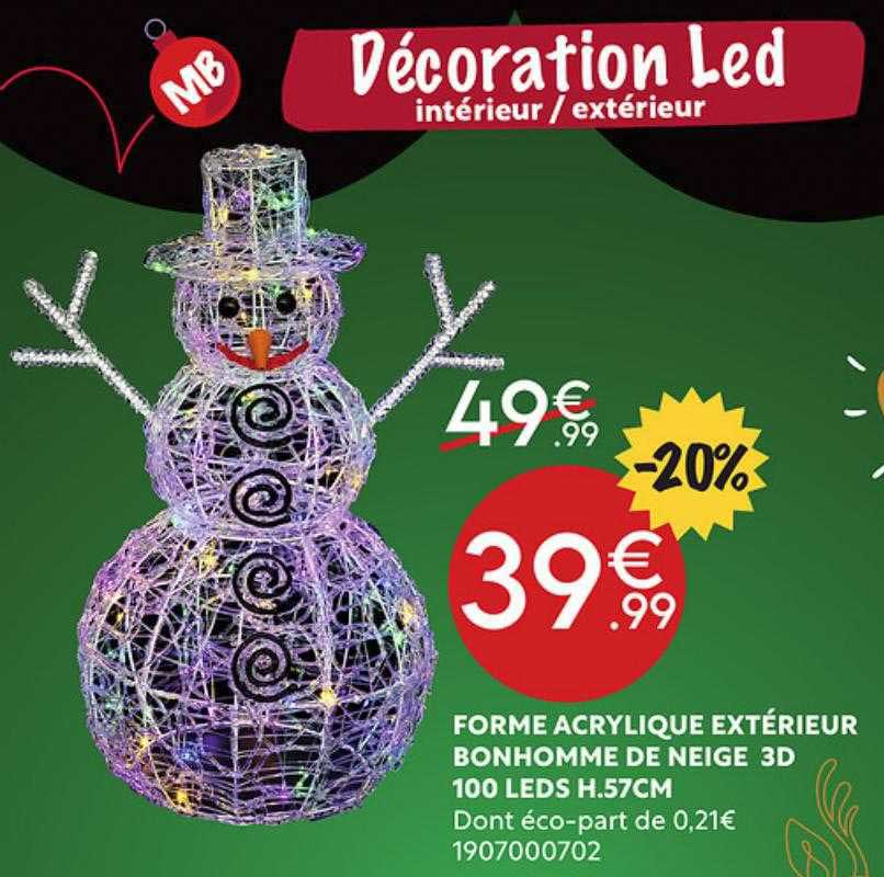 forme acrylique extérieur bonhomme de neige 3d 100 leds h.57 cm