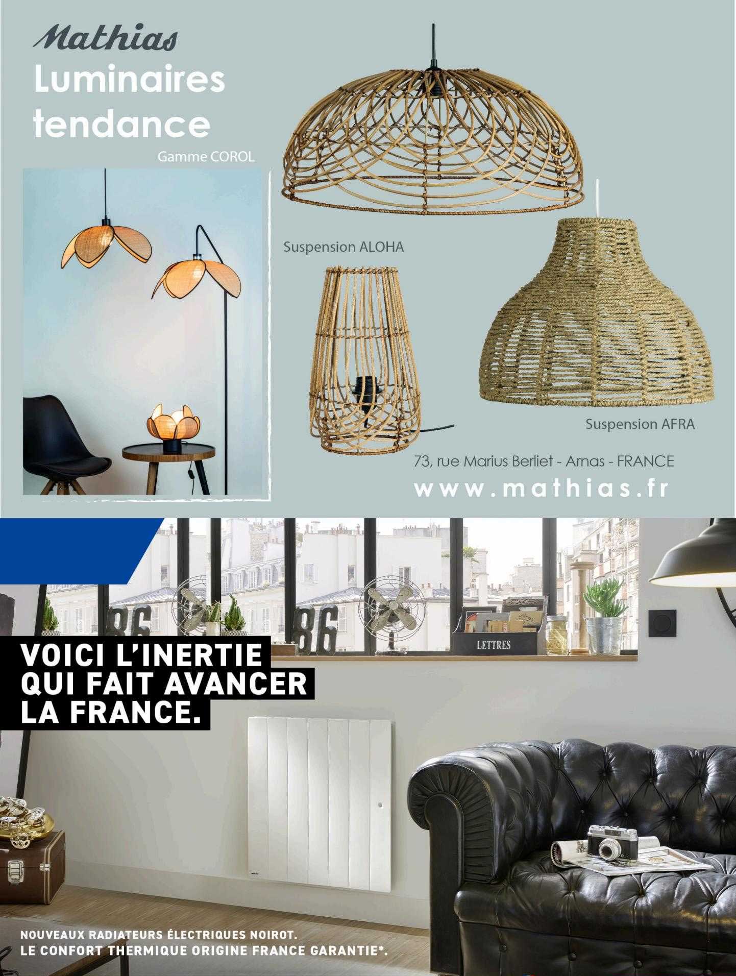 mathias luminaires tendance, suspension aloha, suspension afra, nouveaux radiateurs électriques noirot