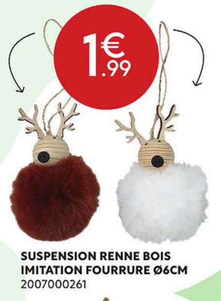 suspension renne bois imitation fourrure ø6 cm