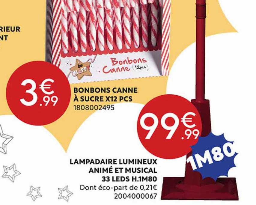 bonbons canine à sucre x12 pcs, lampadaire lumineux animé et musical 33 leds h.1 m 80