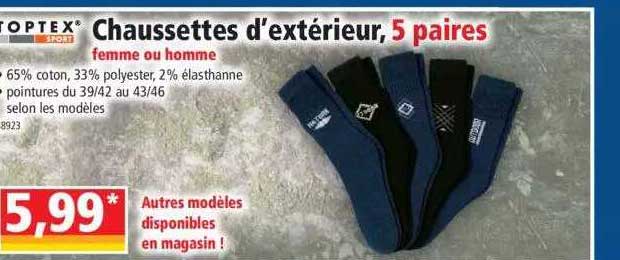 chaussettes d'extérieur, 5 paires femme ou homme toptex sport
