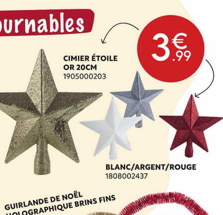 cimier étoile or 20 cm, blanc-argent-rouge, guirlande de noël holographique brins fins