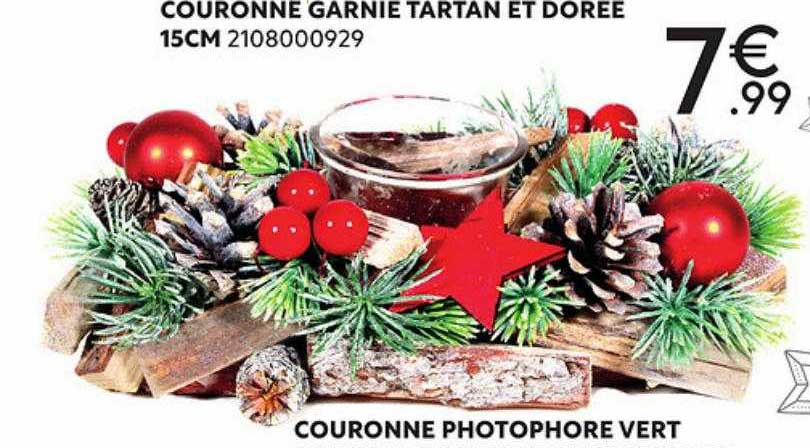 couronne garnie tartan et dorée 15 cm, couronne photophore vert