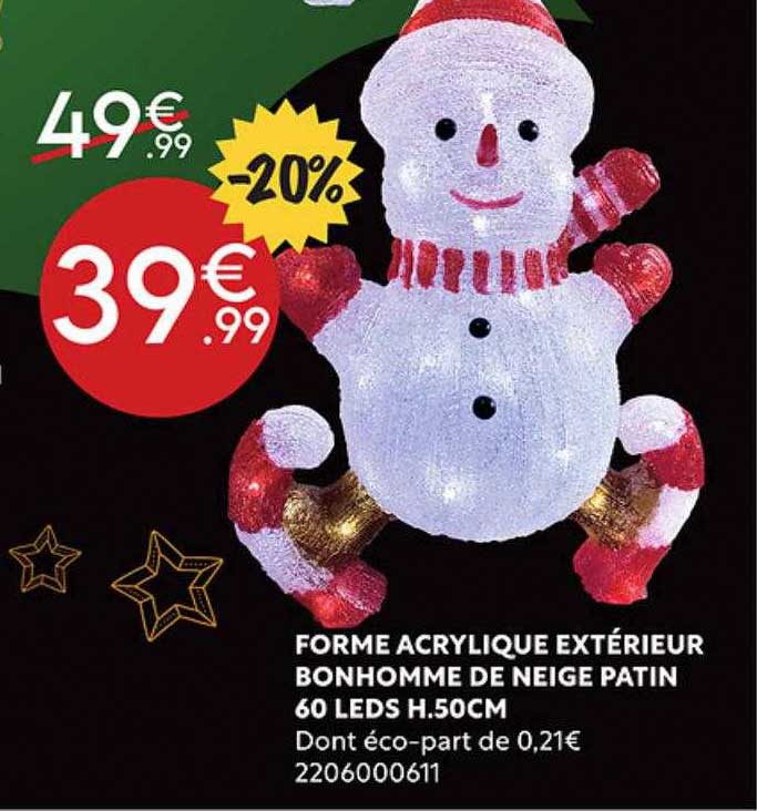 forme acrylique extérieur bonhomme de neige patin 60 leds h.50 cm