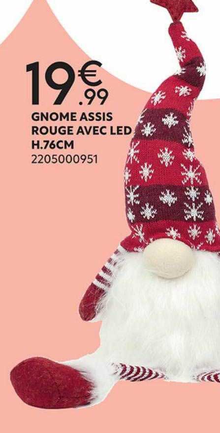 gnome assis rouge avec led h.76 cm