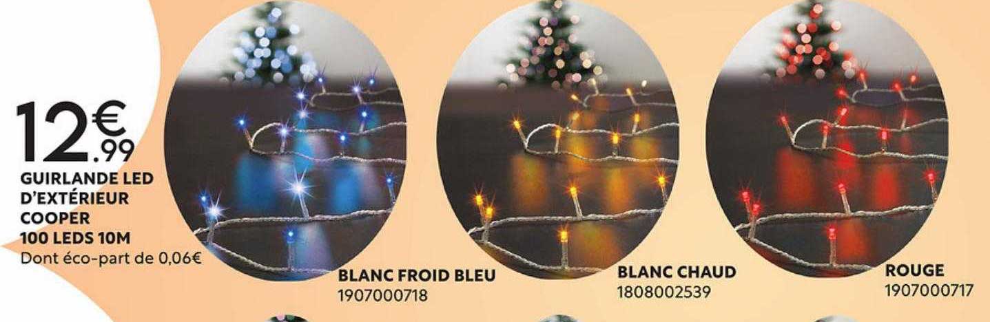 guirlande led d'extérieur cooper 100 leds 10 m, blanc froid bleu, blanc chaud, rouge