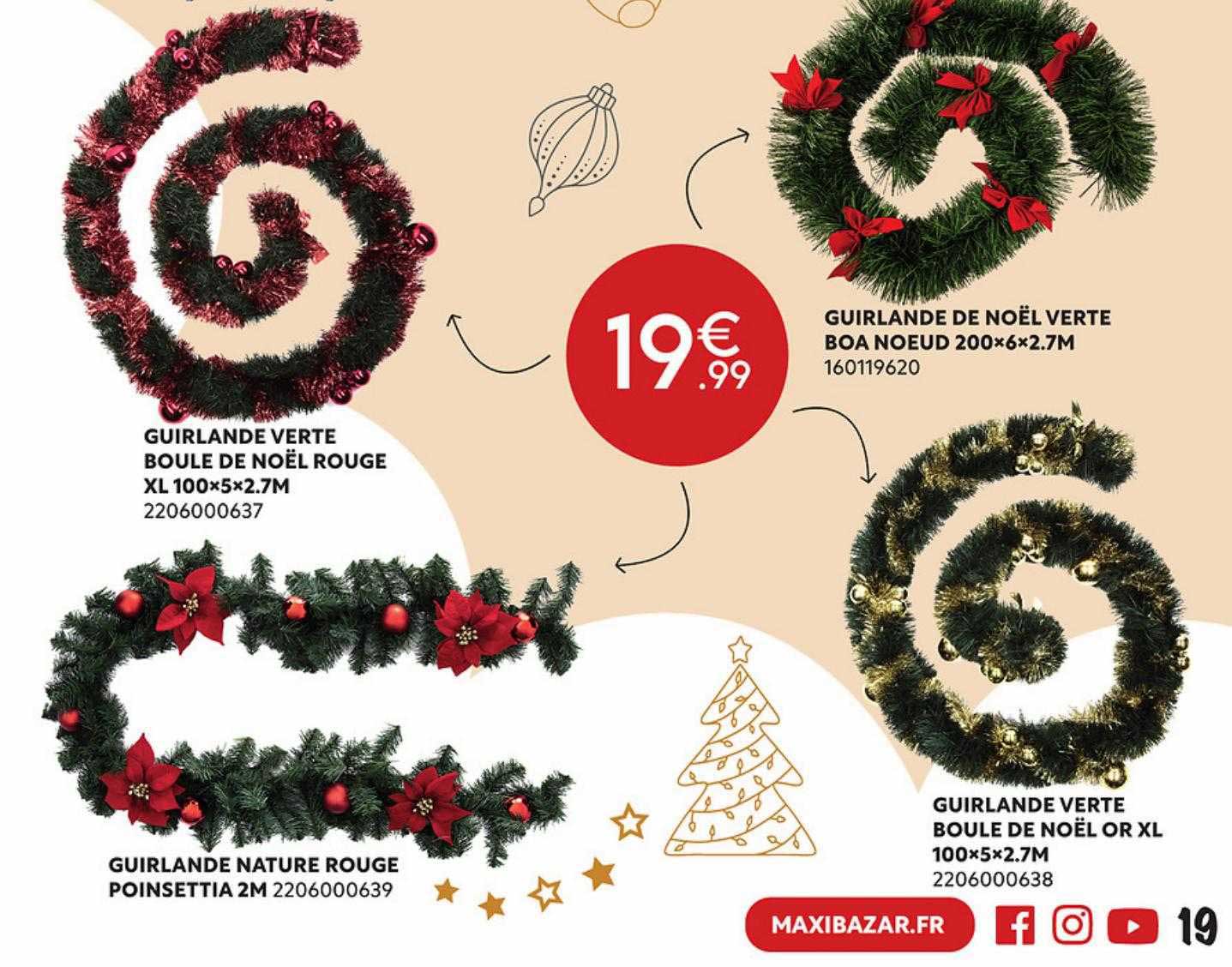 guirlande verte boule de noël rouge xl, guirlande nature rouge poinsettia 2 m, guirlande verte boule de noël or xl, guirlande de noël verte boa nœud