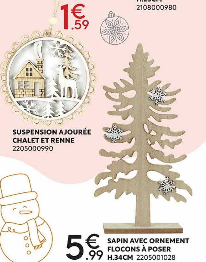 suspension ajourée chalet et renne, sapin avec ornement flocons à poser