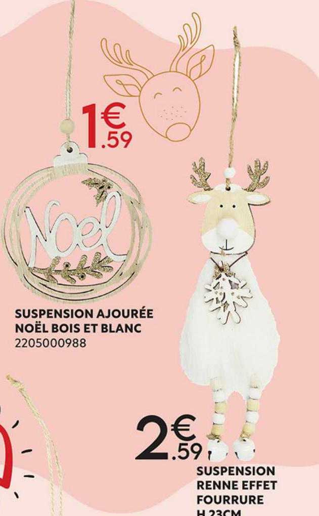 suspension ajourée noël bois et blanc, suspension renne effet fourrure h.23 cm