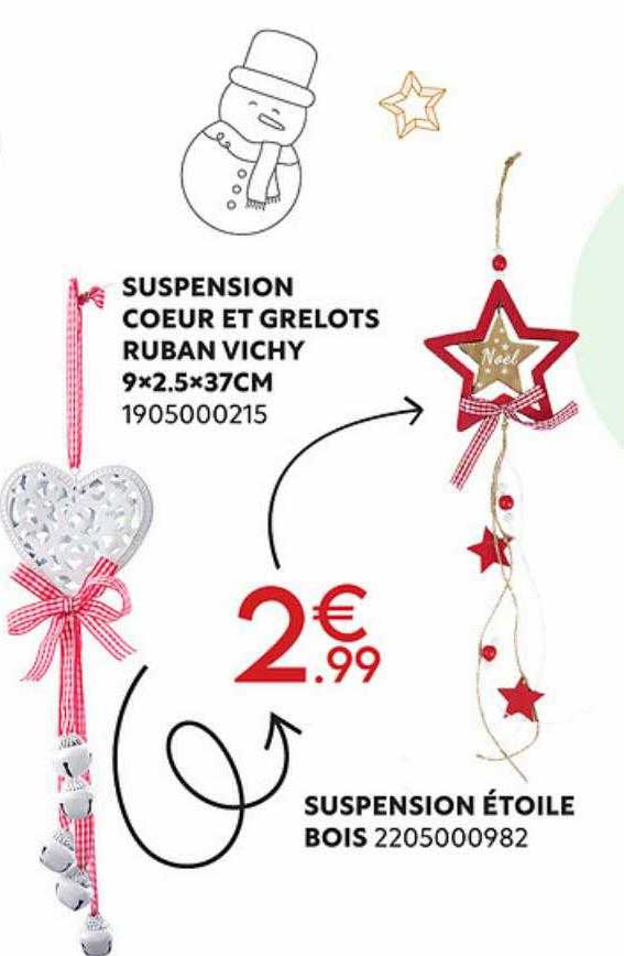 suspension cœur et grelots ruban vichy, suspension étoile bois