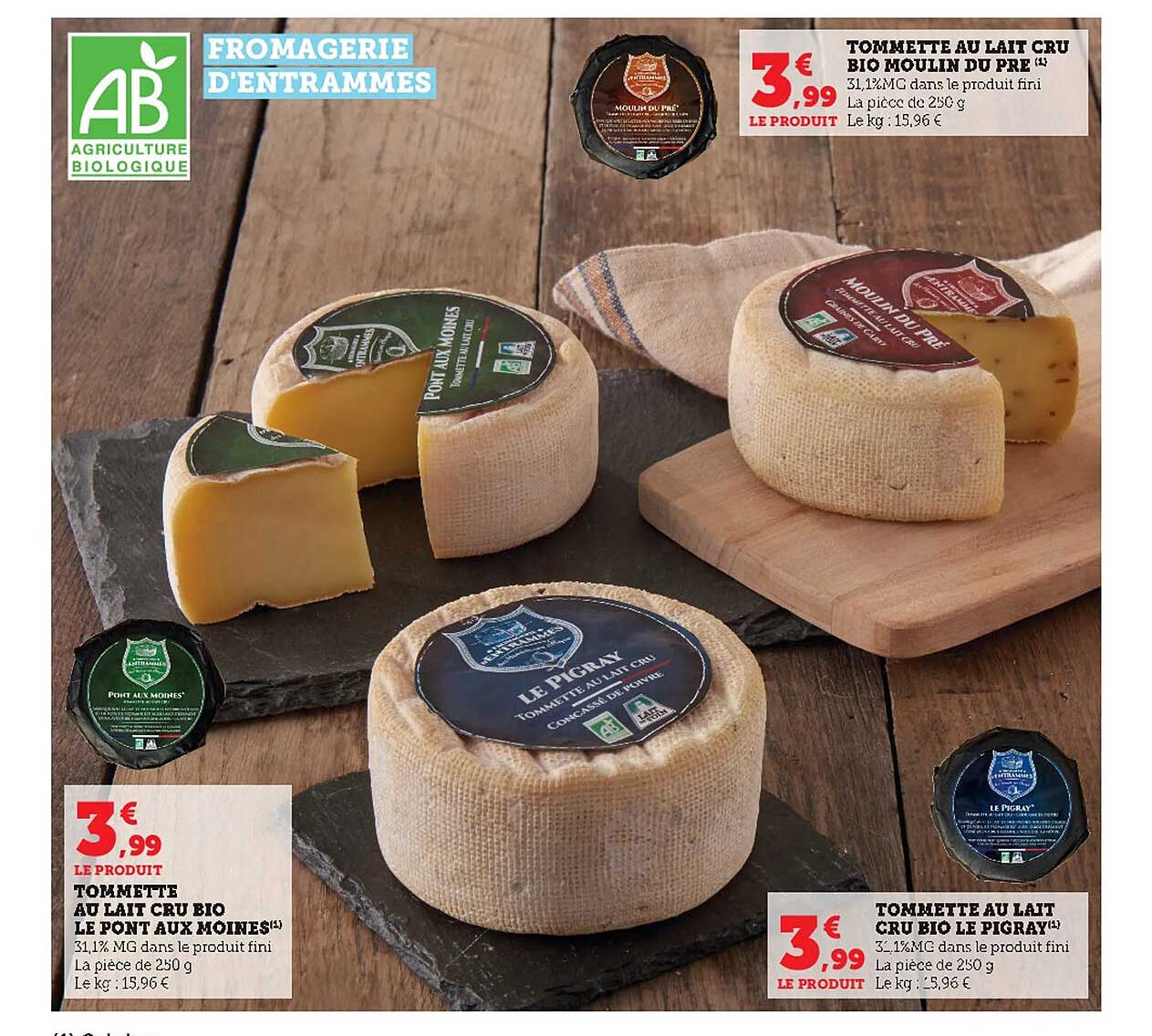 tommette au lait cru bio moulin du pré, tonnette au lait cru bio le pont aux moines, tommette au lait cru bio le pigray fromagerie d'entrammes