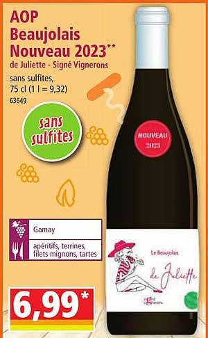 aop beaujolais nouveau 2023 de juliette -signé vignerons