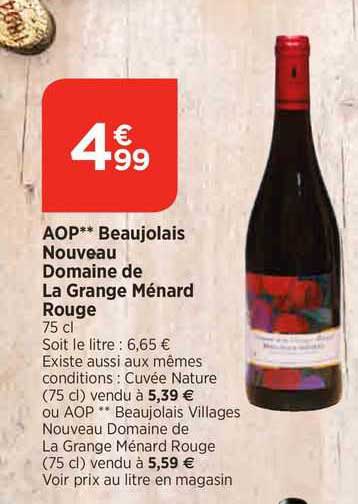 aop beaujolais nouveau domaine de la grande ménard rouge