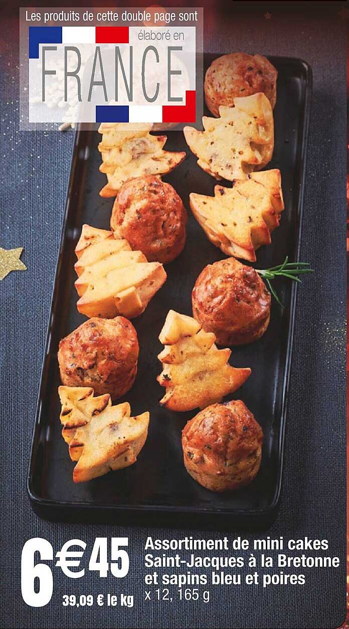 assortiment de mini cakes saint-jacques à la bretonne et sapins bleu et poires