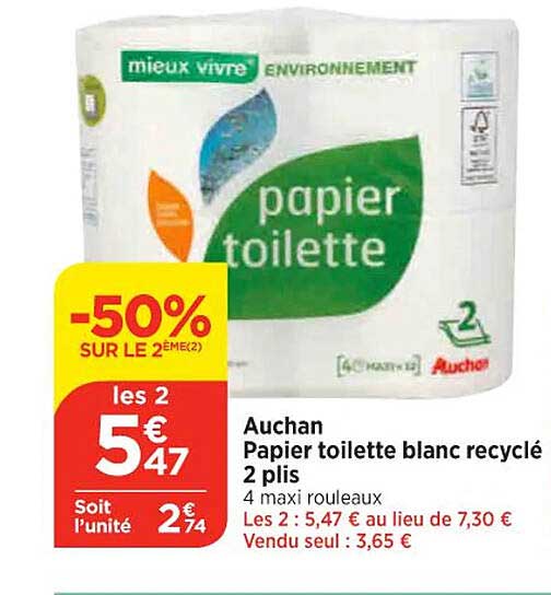 auchan papier toilette blanc recyclé 2 plis